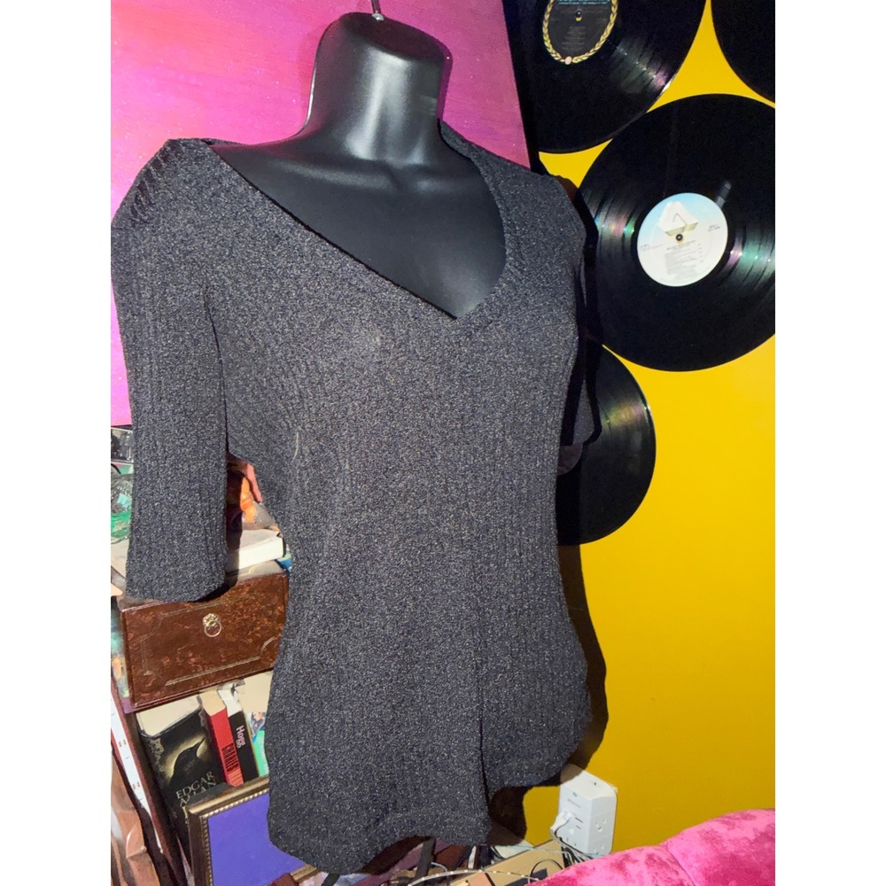 Guess Collection Women Black Ribbed Knit V-Neck Short Sleeve Top